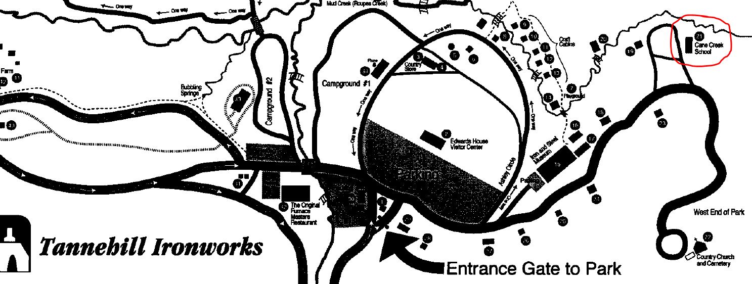 Partial Map of Tannehill State Park with the old school house circled in red